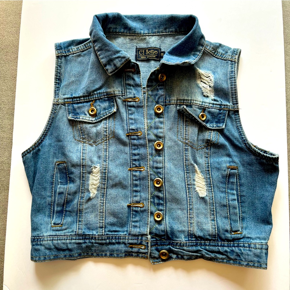 Ci Sono Distressed Denim Button Up Vest Size M